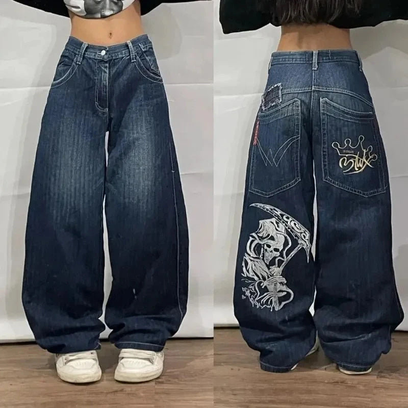 Beyaz Kaplan Baskılı Geniş Paça Kot Pantolon