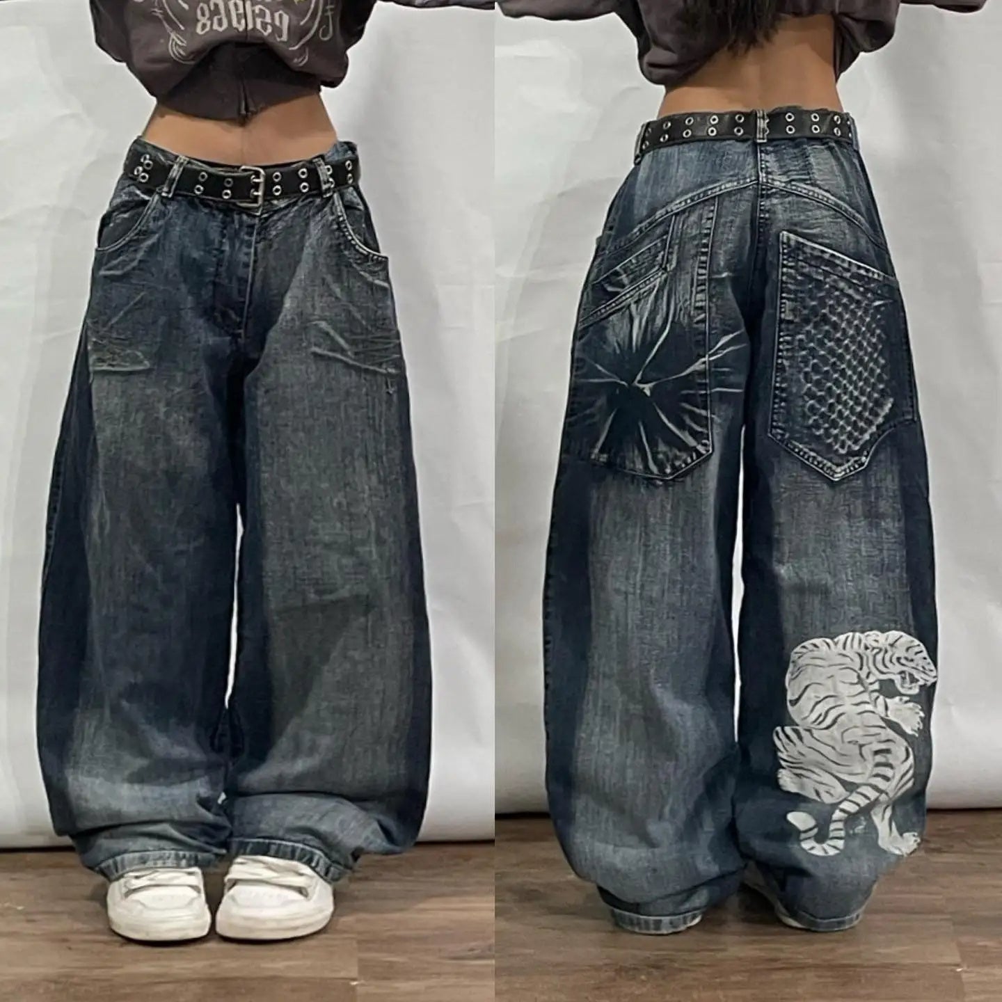 Beyaz Kaplan Baskılı Geniş Paça Kot Pantolon