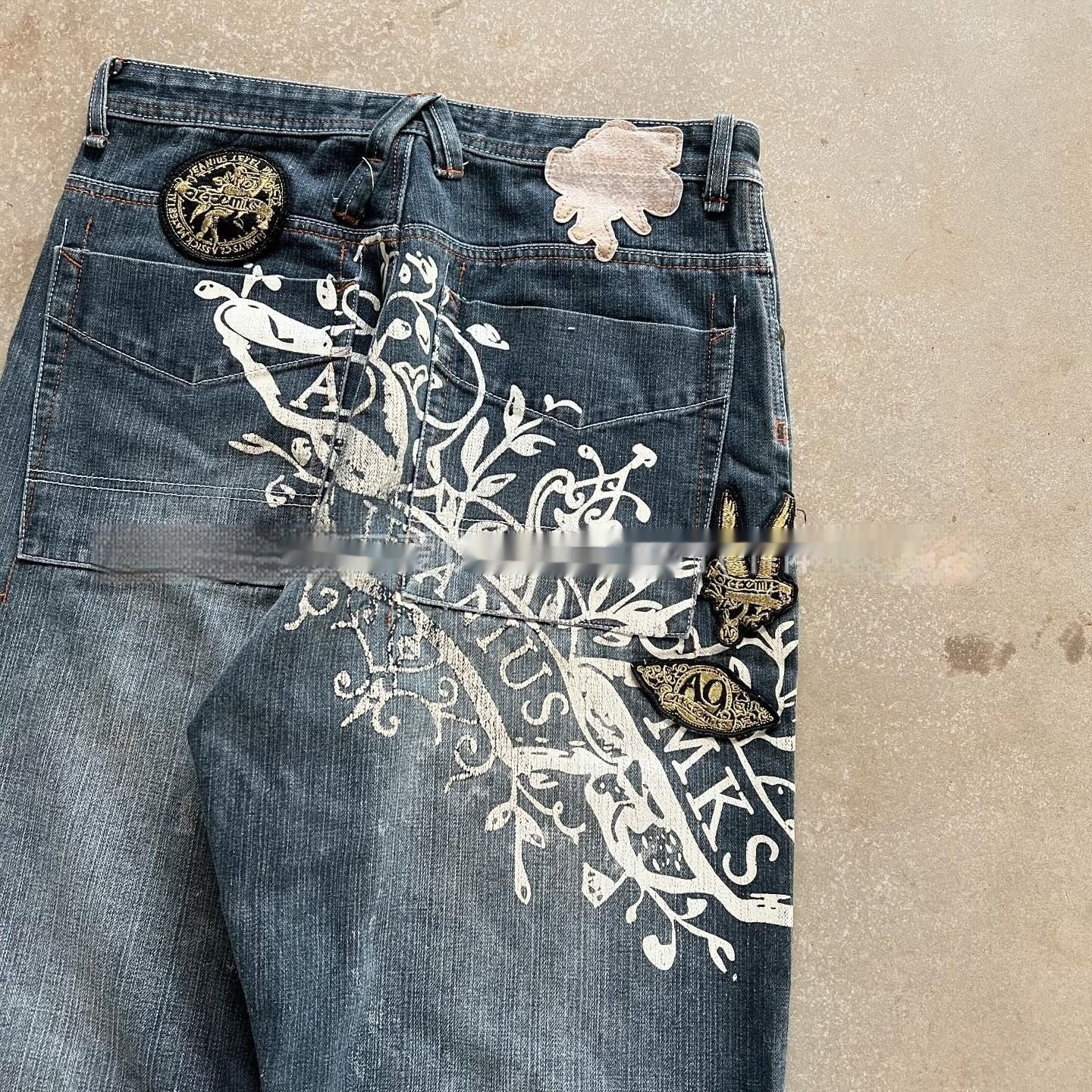 Baskılı Düz Kesim Bol Kot Pantolon
