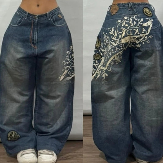 Baskılı Düz Kesim Bol Kot Pantolon