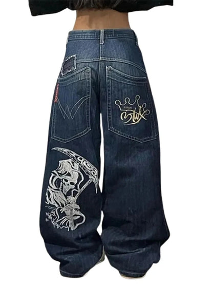 Beyaz Kaplan Baskılı Geniş Paça Kot Pantolon