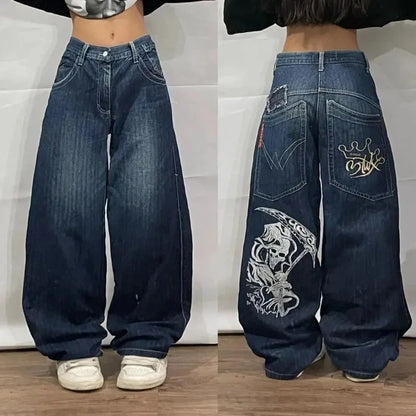 Beyaz Kaplan Baskılı Geniş Paça Kot Pantolon