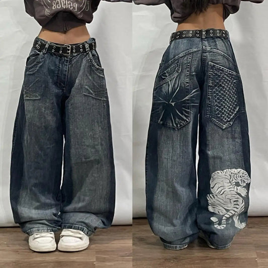 Beyaz Kaplan Baskılı Geniş Paça Kot Pantolon