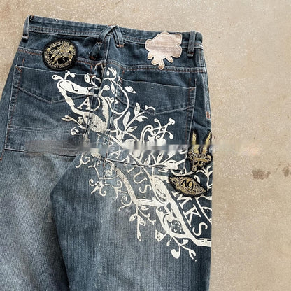 Baskılı Düz Kesim Bol Kot Pantolon